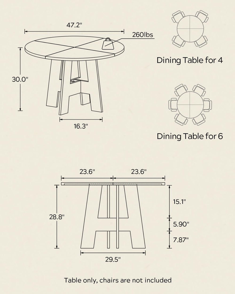 Farmhouse Round Dining Table for 4-6 People, 47" Wood Kitchen Table with...