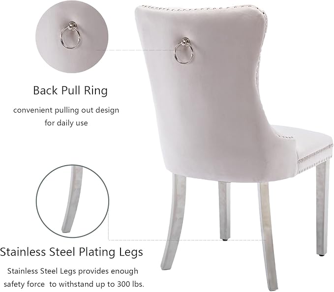 Dining Room Chairs Set of 4, Velvet Upholstered Dining Chairs with Back Ring Pull Trim and Sliver Stainless Steel Legs,Modern Dining Chair Perfect for Dining Room,Living Room,Kitchen(Beige)
