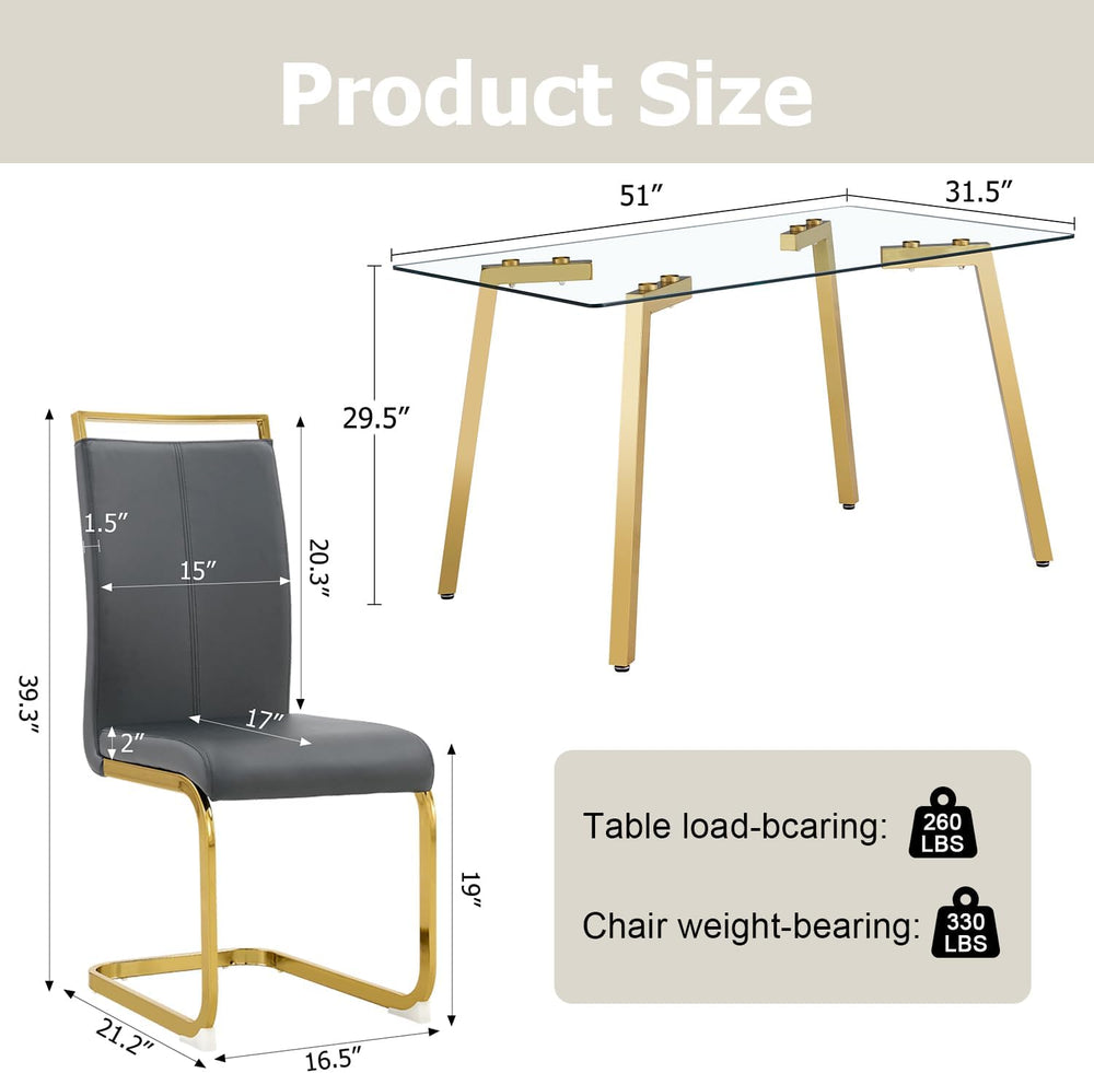 51" Glass Dining Table Set 4 with Gold Metal Leg
