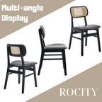 Black Dining Chairs Set of 2 Faux Leather Dining Room Chairs with Rattan Back Farmhouse Kitchen Chairs Wooden Side Chairs