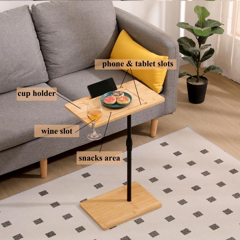 Height Adjustable Bamboo Couch Table, C-Shaped Oval End Table with Slots for ...