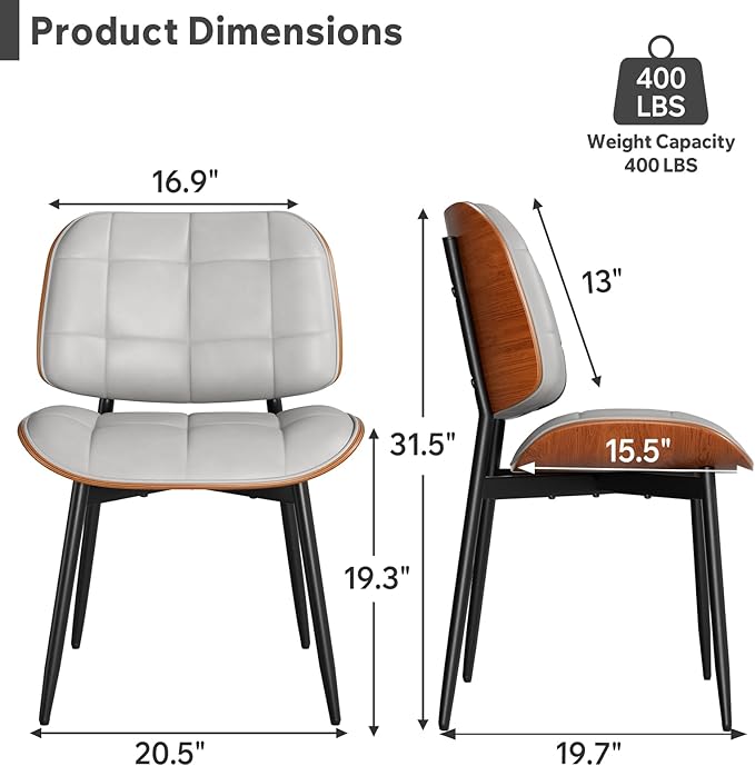 Dining Chairs Set of 8, Mid Century Modern Dining Room Chair, Upholstered Faux Leather Kitchen Chairs with Thick Cushion and Walnut Bentwood Back for Kitchen Dining Room, Grey