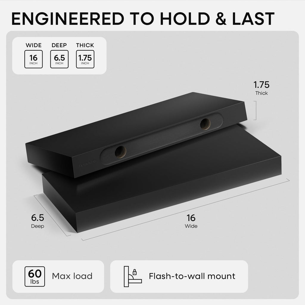 Homeforia 16 inch Black Floating Shelves, High End Solid Real Wood 16inch Bathroom Floating Shelves for Wall Mounted, 16in Wooden Small Floating Shelf, Heavy Duty Bracket, 16 X 6.5 X 1.75 in, Set of 4