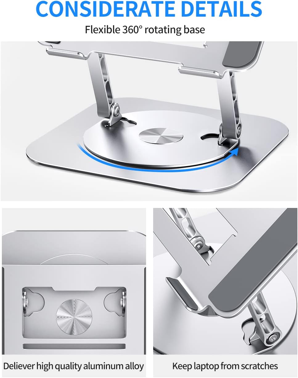 Adjustable Computer Stand with 360 Rotating Base, Ergonimic Foldable Laptop Riser for Desk Compatible with MacBook Pro/Air Notebook up to 16 Inches, Silver