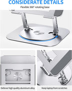 Adjustable Computer Stand with 360 Rotating Base, Ergonimic Foldable Laptop Riser for Desk Compatible with MacBook Pro/Air Notebook up to 16 Inches, Silver