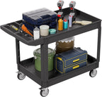 2 Tier Plastic Rolling Utility Cart on Wheels, Heavy Duty Tool Cart with Deep Shelves and 360° Swivel Wheels Holds up to 550 lbs, Service Cart for Warehouse,Garage, Cleaning (Black-L)
