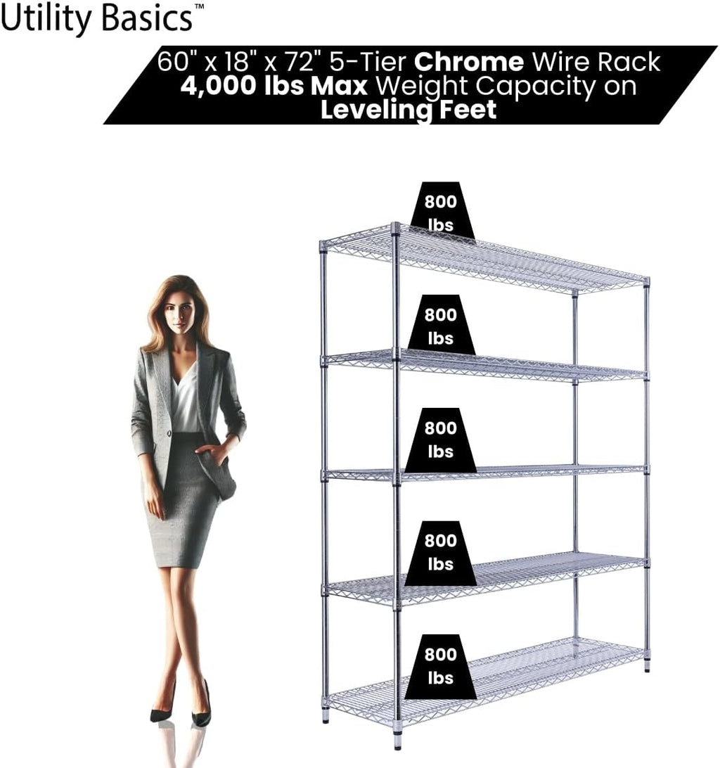 NSF Commercial 5-Tier Wire Shelving with Wheels, 60"x18"x72" Heavy Duty Metal Shelves 4000 lbs Max Capacity, Chrome Storage Rack for Garage Kitchen Pantry Warehouse