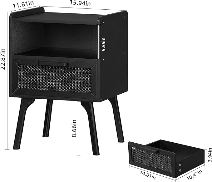 Lerliuo Rattan Nightstands Set of 2, Boho Side Table with Drawer Open Shelf, ...