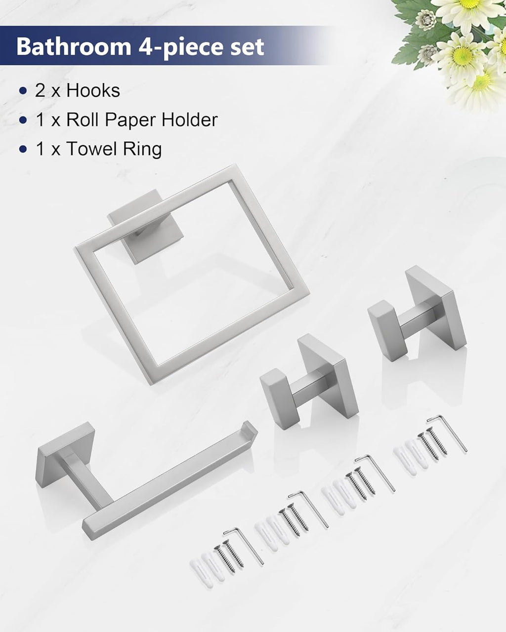 Brushed Nickel Bathroom Hardware Set 4 Pieces, Toilet Paper Holder Set SUS304 Stainless Steel Bath Hand Towel Ring for Bathroom Hardware Accessories Set Wall Mounted