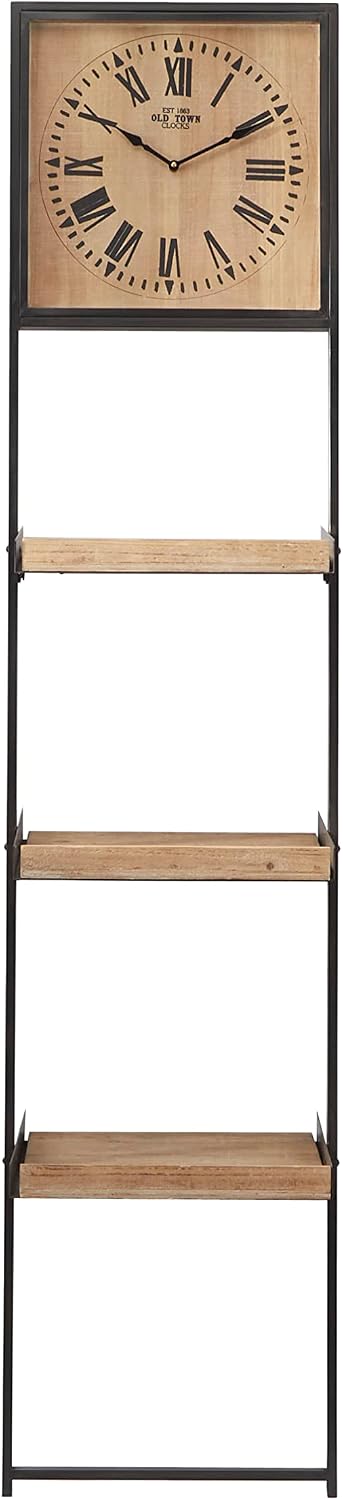 Deco 79 Wood 3 Shelves Wall Shelf with Clock, 16" x 10" x 72", Brown