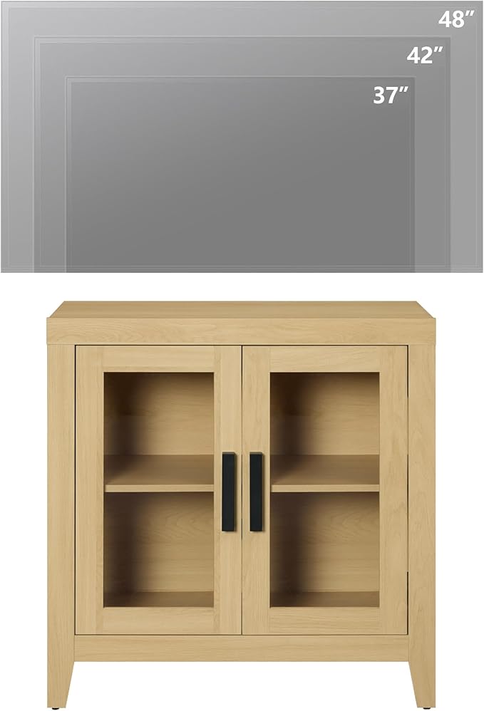 WAMPAT Farmhouse TV Stand for TVs up to 50”, Rustic Wood Entertainment Center with Adjustable Shelf, Glass Doors & Storage, Media Console Cabinet for Living-Room, Bedroom, Oak