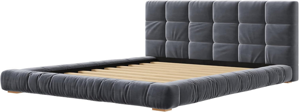 Queen Upholstered Velvet Platform Bed Frame with Tufted Headboard，Gray#03