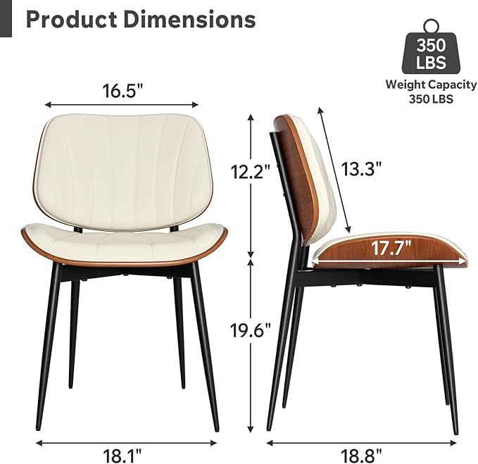 Dining Chair, Mid Century Modern Dining Room Chairs, Upholstered Faux Leather Kitchen Chairs with Walnut Bentwood Back and Metal Legs for Kitchen Dining Room Living Room, Beige