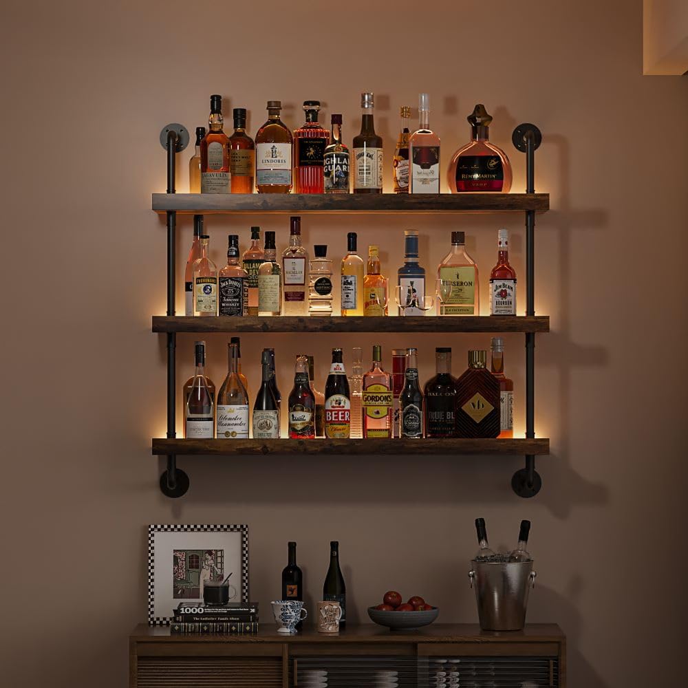 3-Tier Wall Mounted Wine Rack with LED Lights,39.4" | Liquor Bottles Flo...