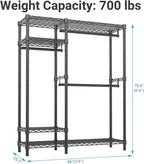 VIPEK V2 Heavy Duty Clothes Rack, Portable Metal Clothing Racks with 4 Tiers Adjustable Wire Shelving & 3 Hanging Rods, Freestanding Wardrobe Portable Closet Rack, Max Load 700LBS, Black