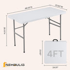NEWBULIG 4 FT Foldable Table Easy to Fold and Store, Folding Picnic Table for Picnic Camping Kitchen Dining Party Outdoor Indoor with Carrying Handle, White