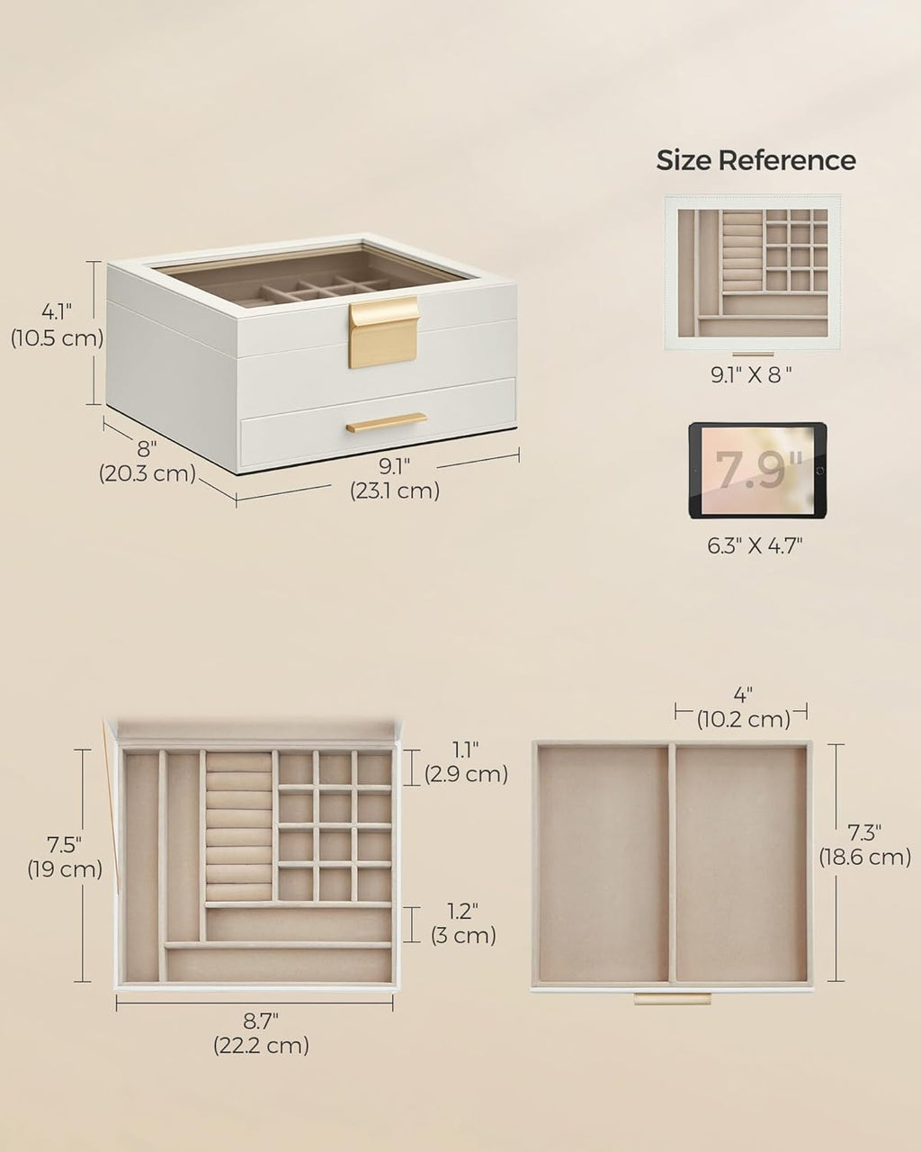 SONGMICS Jewelry Box Organizer with Glass Lid, 2-Layer Jewelry Storage, with 1 Drawer, Modern Style,Christmas Gift, 8 x 9.1 x 4.1 Inches, Cloud White and Gold Color UJBC174W01