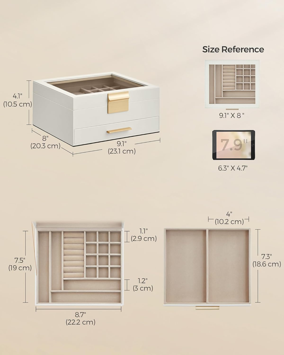 SONGMICS Jewelry Box Organizer with Glass Lid, 2-Layer Jewelry Storage, with 1 Drawer, Modern Style,Christmas Gift, 8 x 9.1 x 4.1 Inches, Cloud White and Gold Color UJBC174W01