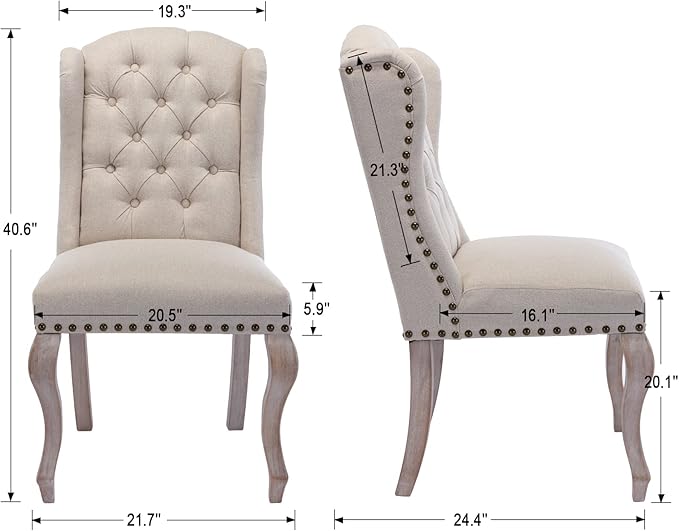 Upholstered Dining Chairs Set of 2 for Kitchen and Dining Room Farmhouse Fabric Tufted Accent Chairs for Living Room and Bedroom with Wooden Legs, Cream