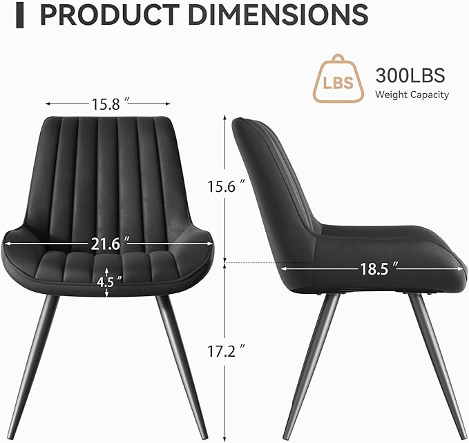 Modern Dining Chairs Set of 2,Upholstered Dining Room Chairs with Thick Cushions,Fabric Comfy Dining Chairs with Metal Legs for Dining Room Black