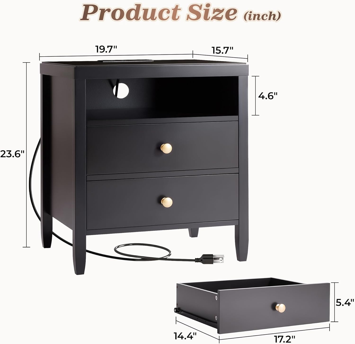 Huuger Nightstand with Charging Station, Black Nightstand with 2 Drawers, Bed Side Table for Bedroom, Bedside Table with Storage, Modern Nightstands, Metal Knobs, Painted Surface