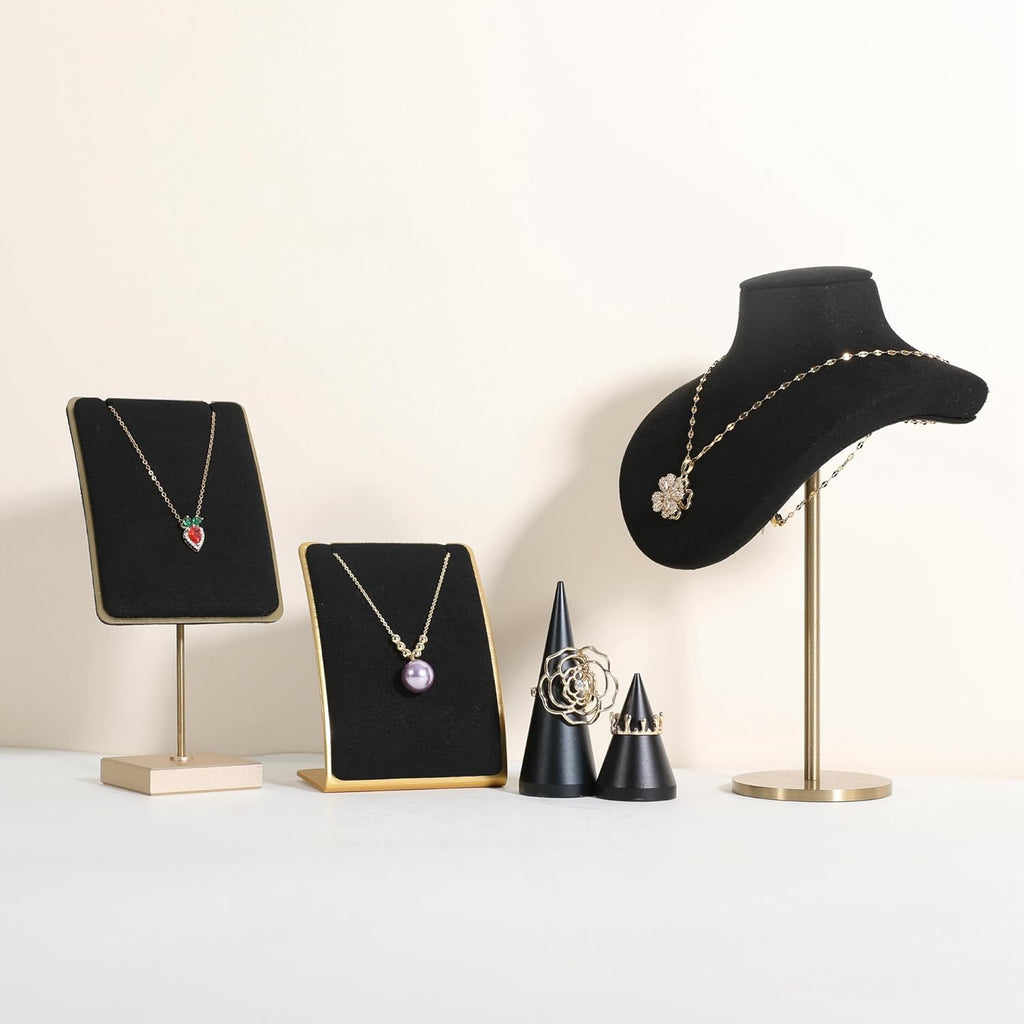 GemeShou Black Necklace display stand, Velvet Jewelry necklace display holder for selling, small metal earring neck storage organizer, online jewelry photography props【Black】