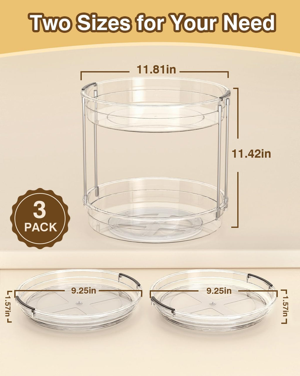 INCOSTAR 3 Pack Clear Lazy Susan Turntable 9'' & 11.8'' for Cabinet | Two-Tier Spinning Organizer, Space-Saving Pantry Storage Rack, Clear Durable Plastic, Makeup & Bathroom