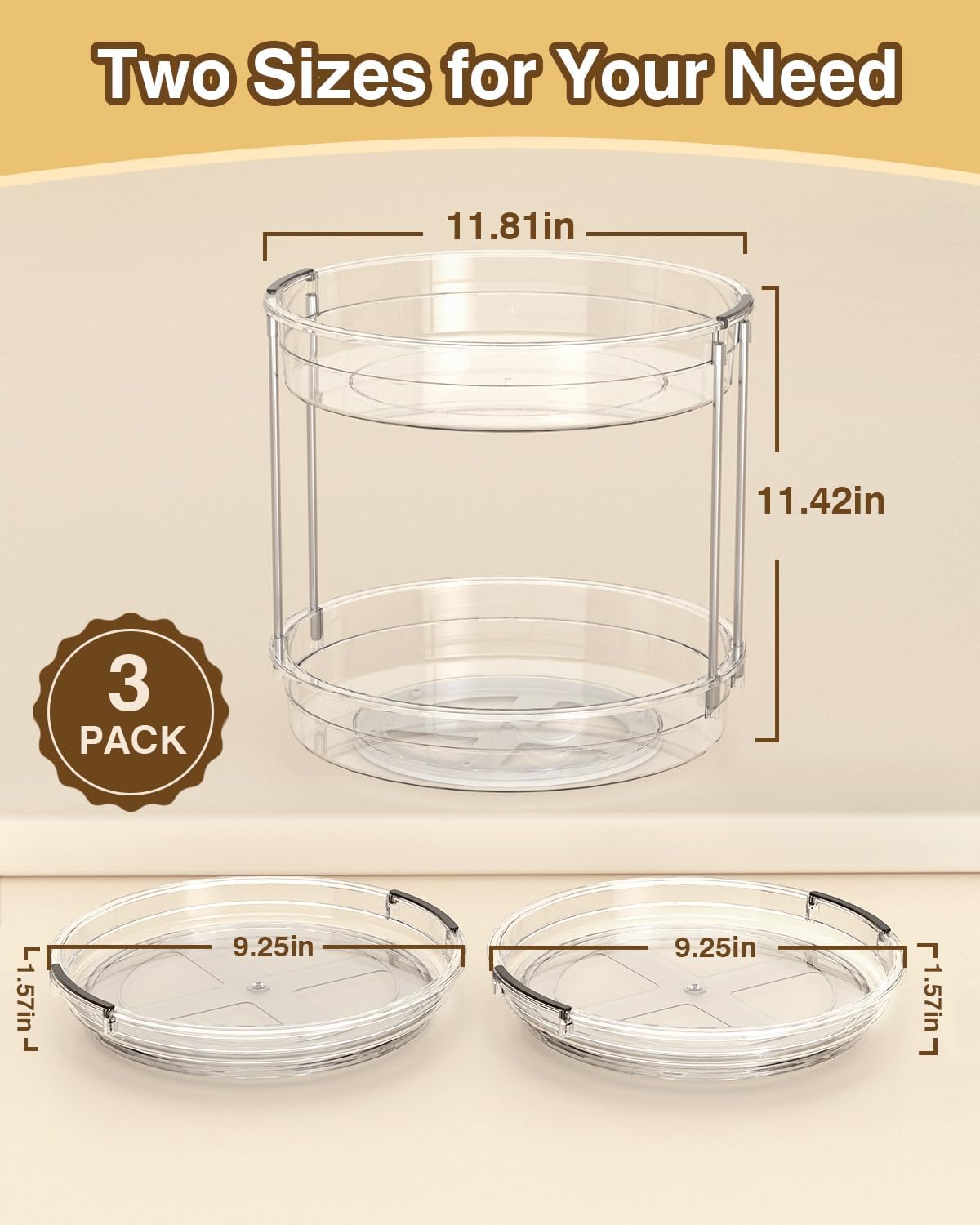 INCOSTAR 3 Pack Clear Lazy Susan Turntable 9'' & 11.8'' for Cabinet | Two-Tier Spinning Organizer, Space-Saving Pantry Storage Rack, Clear Durable Plastic, Makeup & Bathroom