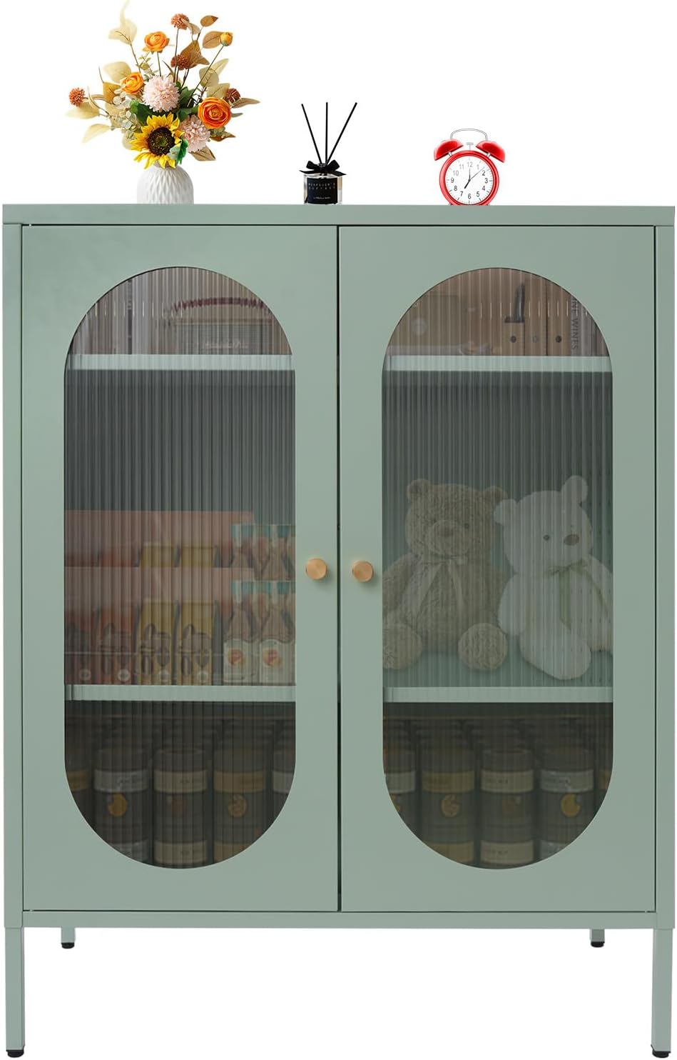 Accent Cabinet with Glass Doors – 3 Tier Storage, Modern Coffee Bar Station P...
