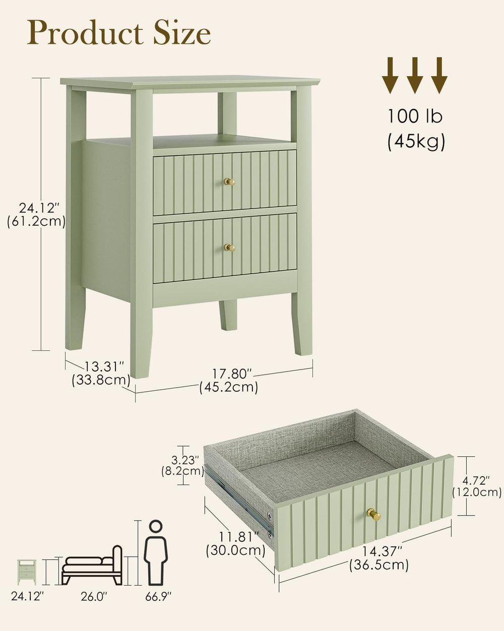 Fluted Nightstand, Farmhouse Night Stand with 2 Drawers, Mid Century Modern S...