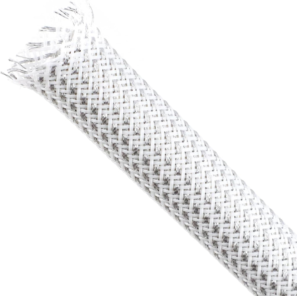 Braided Cable Sleeving, PET Expandable Braided Cable Sleeve, Flexible Mesh Sleeving Cord Management for Audio Video and Other Home Device, Cord Protector from Pets (White Silver, 1/4" x 25ft)