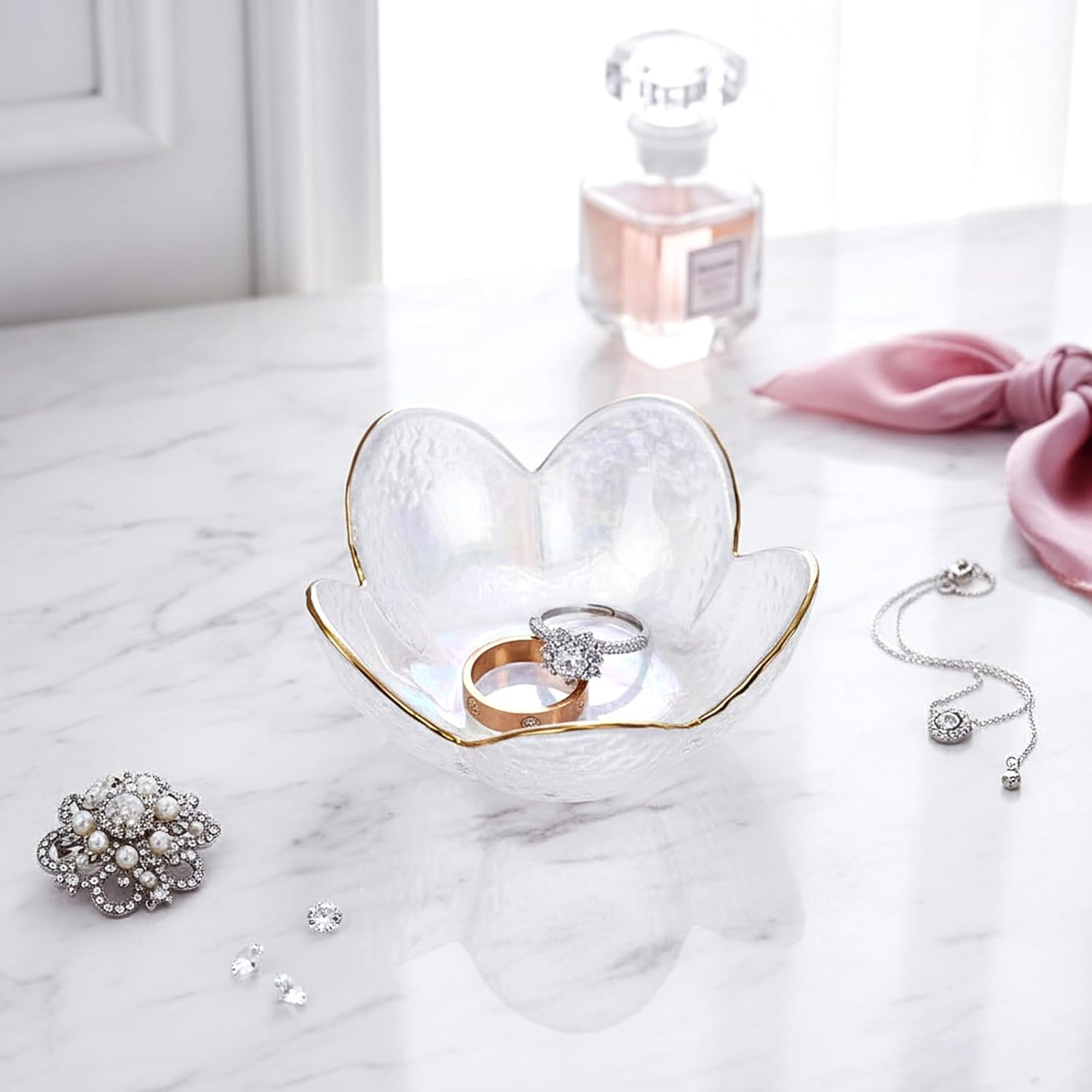 Flower Shape Ring Dish Jewelry Tray Organizer, Glass Accent Tray for Vanity, Small Decorative Trinket Dish, Crystal Pearl White