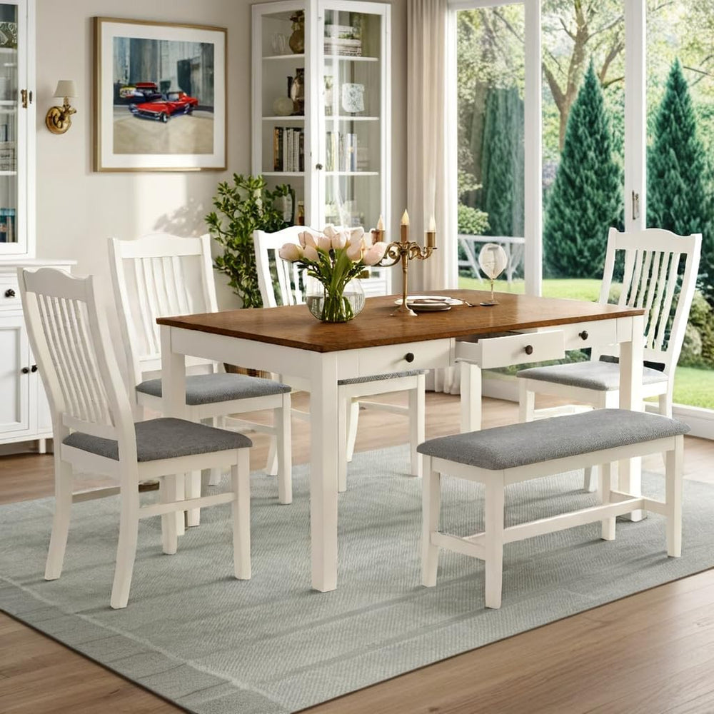 LUMISOL 6-Piece Dining Table Set with Bench, Farmhouse Solid Wood Kitchen Tab...