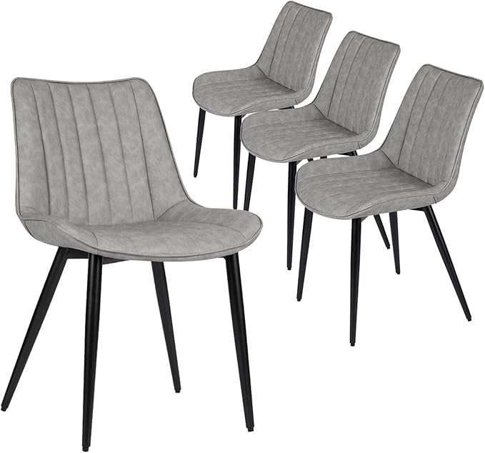 4 PCS Faux Leather Dining Chairs, Mid Century Modern Leisure Upholstered Chair with Metal Legs for Kitchen Living Room Gray