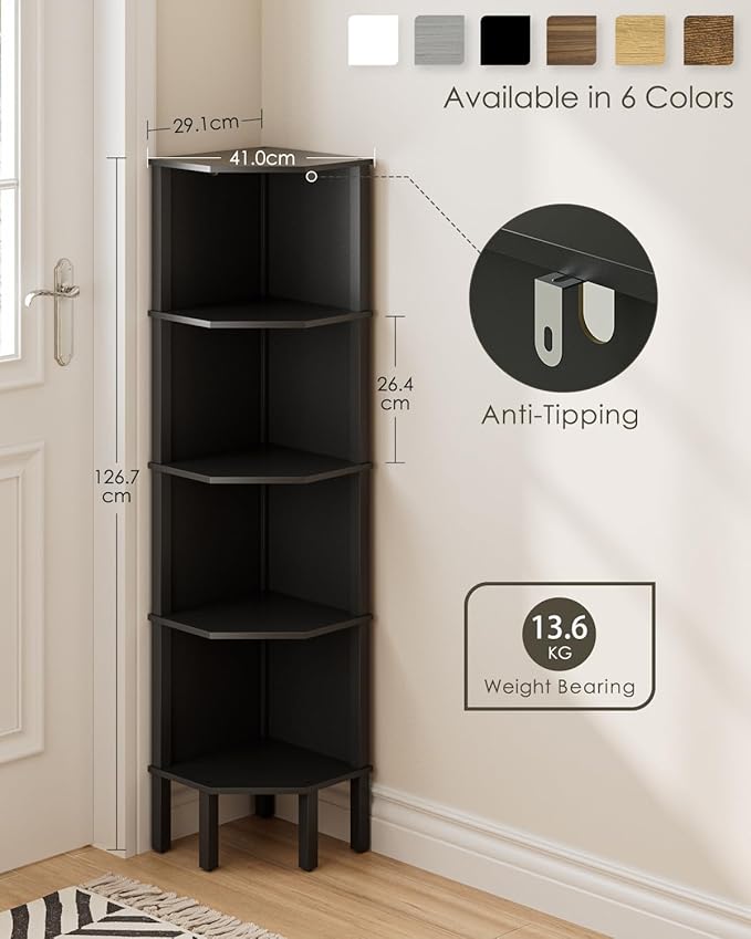 Corner Shelf, 5 Tier Corner Bookshelf，Wall Corner Bookshelf for Small Space,Display Corner Shelf Stand with Storage Rack for Living Room,Bedroom,Office,Black