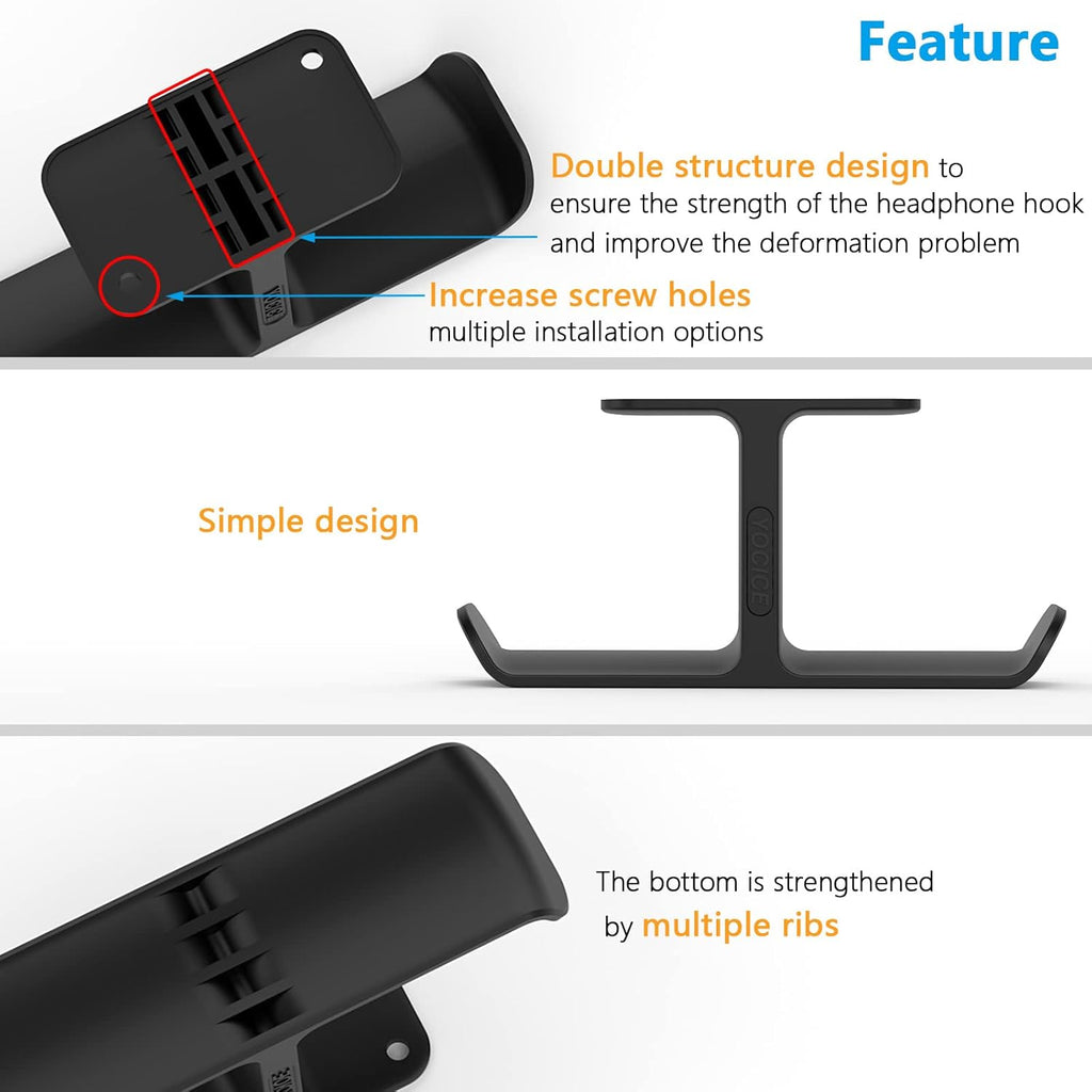 Upgraded Headphone Stand Hanger,Headset Holder Mount, Hook of Double Hanging Design with Strong Adhesive Tape for Headphones,H02U-Black-1PCS(Double Hanging)
