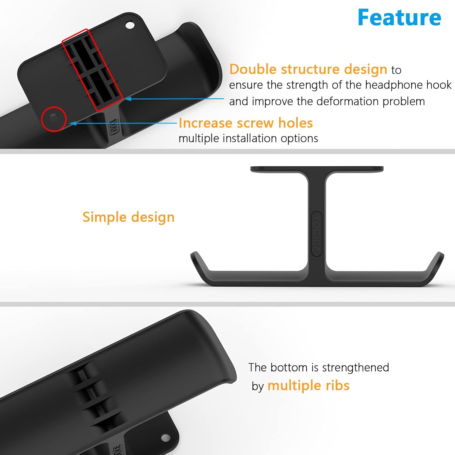 Upgraded Headphone Stand Hanger,Headset Holder Mount, Hook of Double Hanging Design with Strong Adhesive Tape for Headphones,H02U-Black-1PCS(Double Hanging)
