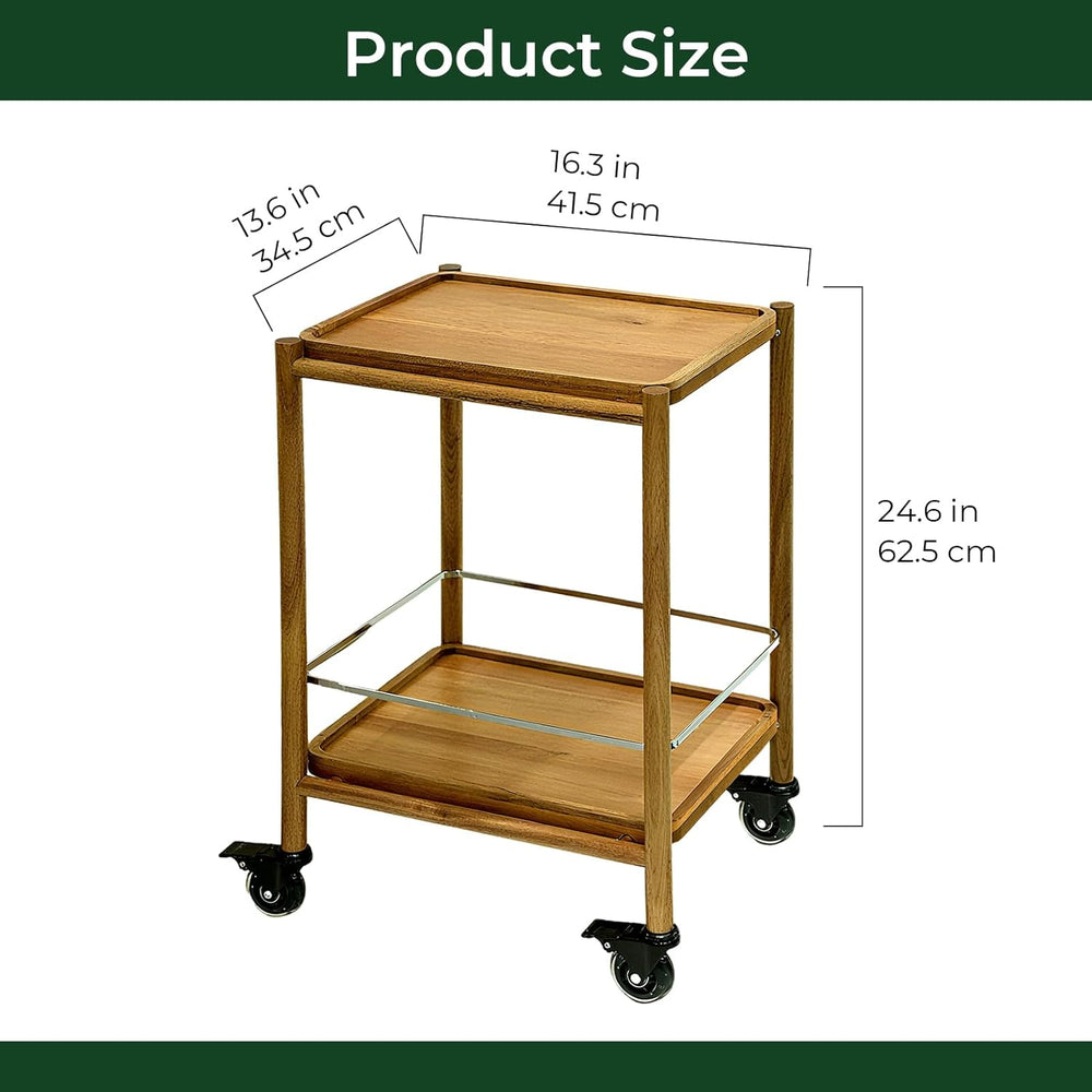Acacia Wood Rolling Side Table, 2-Tier with Lockable Wheels & Removable T...