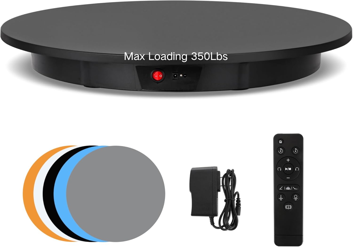 JAYEGT Motorized Rotating Display Stand, 350Lbs Load，360 Degree Electric Rotating Potography Turntable for Products Display，Live Show， Remote Control +5 Colors Backgrounds (Black/23.6Inch/Wired)