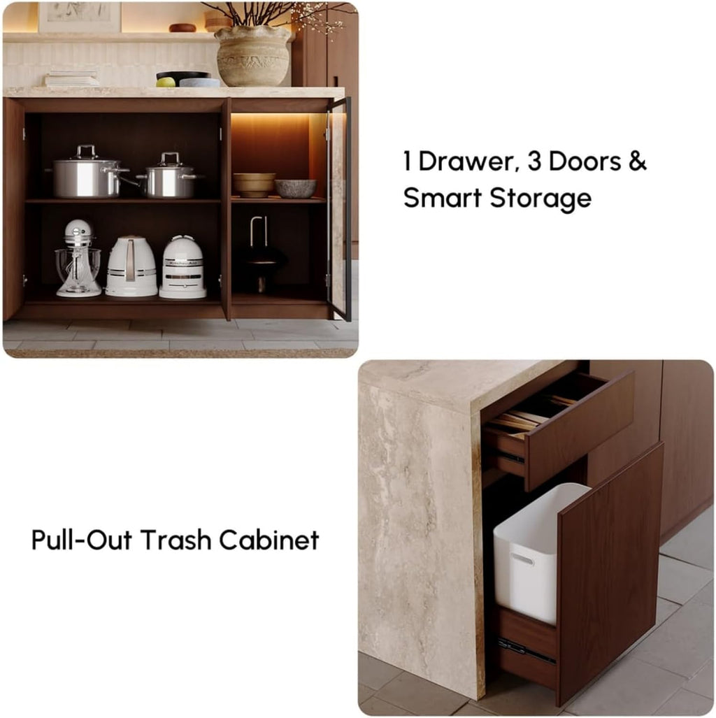 homary 72" Kitchen Island LED & Waterfall Edge - Modern Stationary Large Kitchen Cabinet with 3 Doors, 2 Drawers & Trash Storage, Adjustable Shelves (Matte Travertine & Walnut, Engineered Wood Top)