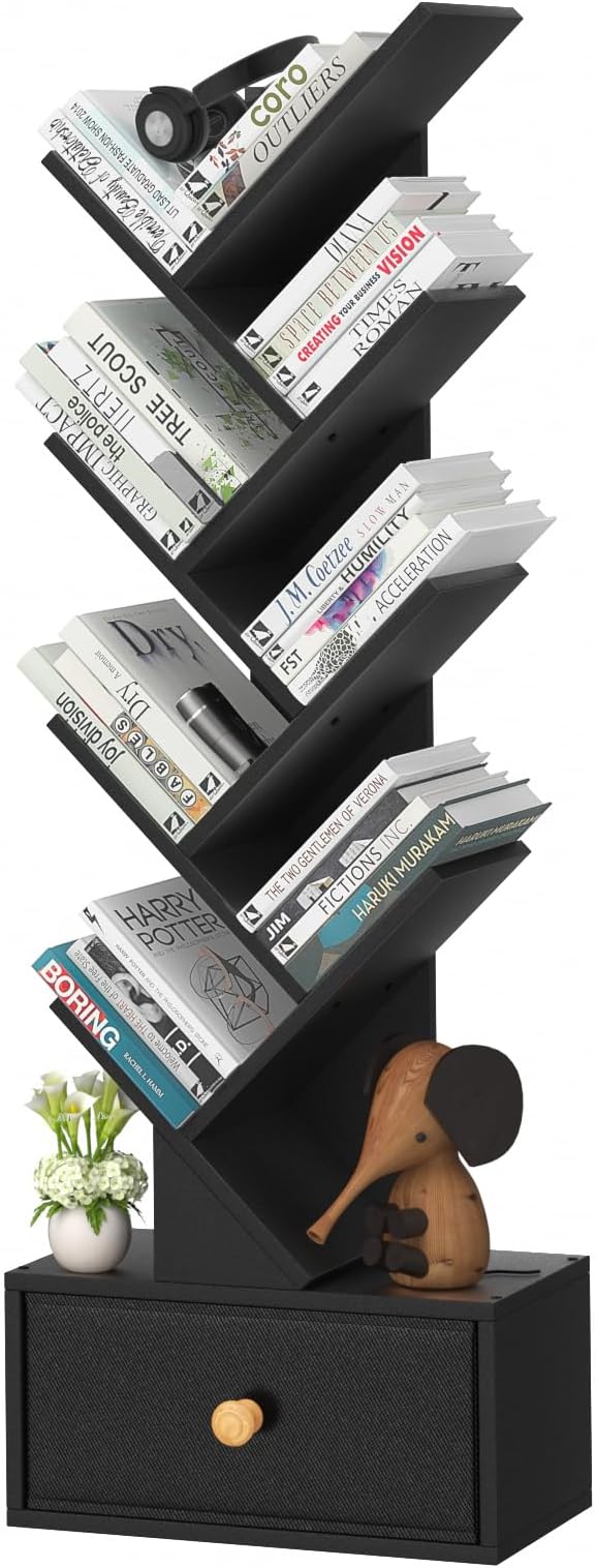 8 Tier Tree Bookshelf with Drawer, Free Standing Wood Bookcase for Living Roo...