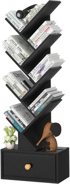 8 Tier Tree Bookshelf with Drawer, Free Standing Wood Bookcase for Living Room, Bedroom, Home Office, Space Saving Storage Organizer Bookshelves for Books, CDs, Vinyl Records- Black