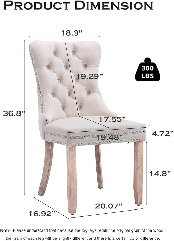 Velvet Upholstered Dining Chairs Set of 2, Modern Style Kitchen Side Chairs with Nailhead Trim and Wood Legs,Metal Pulling Ring for Dining Room Living Room(Beige,Set of 2)