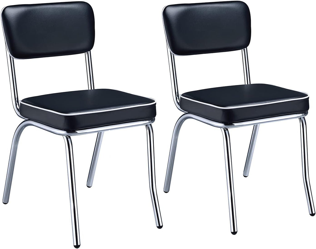 Coaster Home Furnishings Retro Set of 2 Open Back Dining Side Chairs Faux Leather Upholstered Back and Padded Seat Cushion Sturdy Steel Frame Black and Chrome 2066