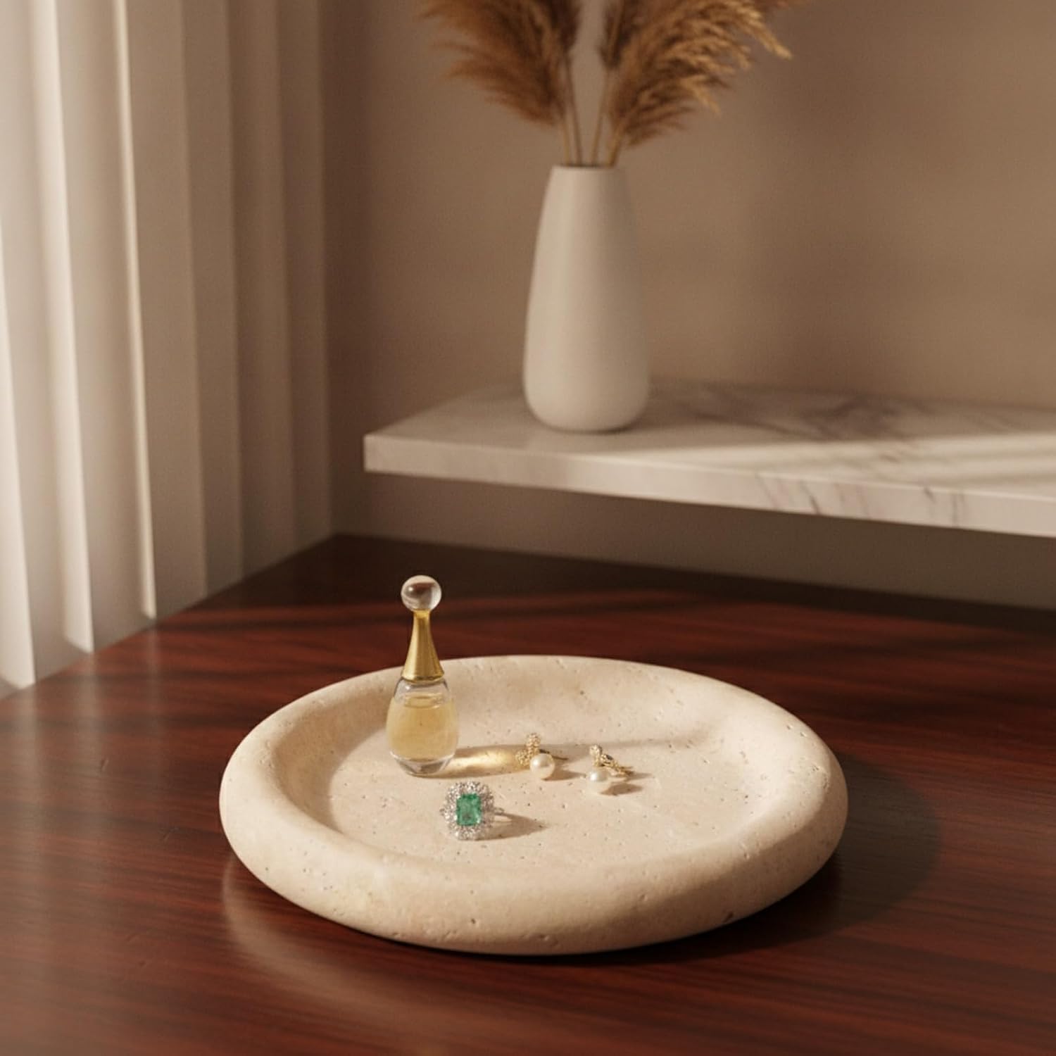 5.5 Inch Small Travertine Stone Tray Marble Jewelry Dish Trinket Tray for Women, Perfume, Coffee Table (Round)