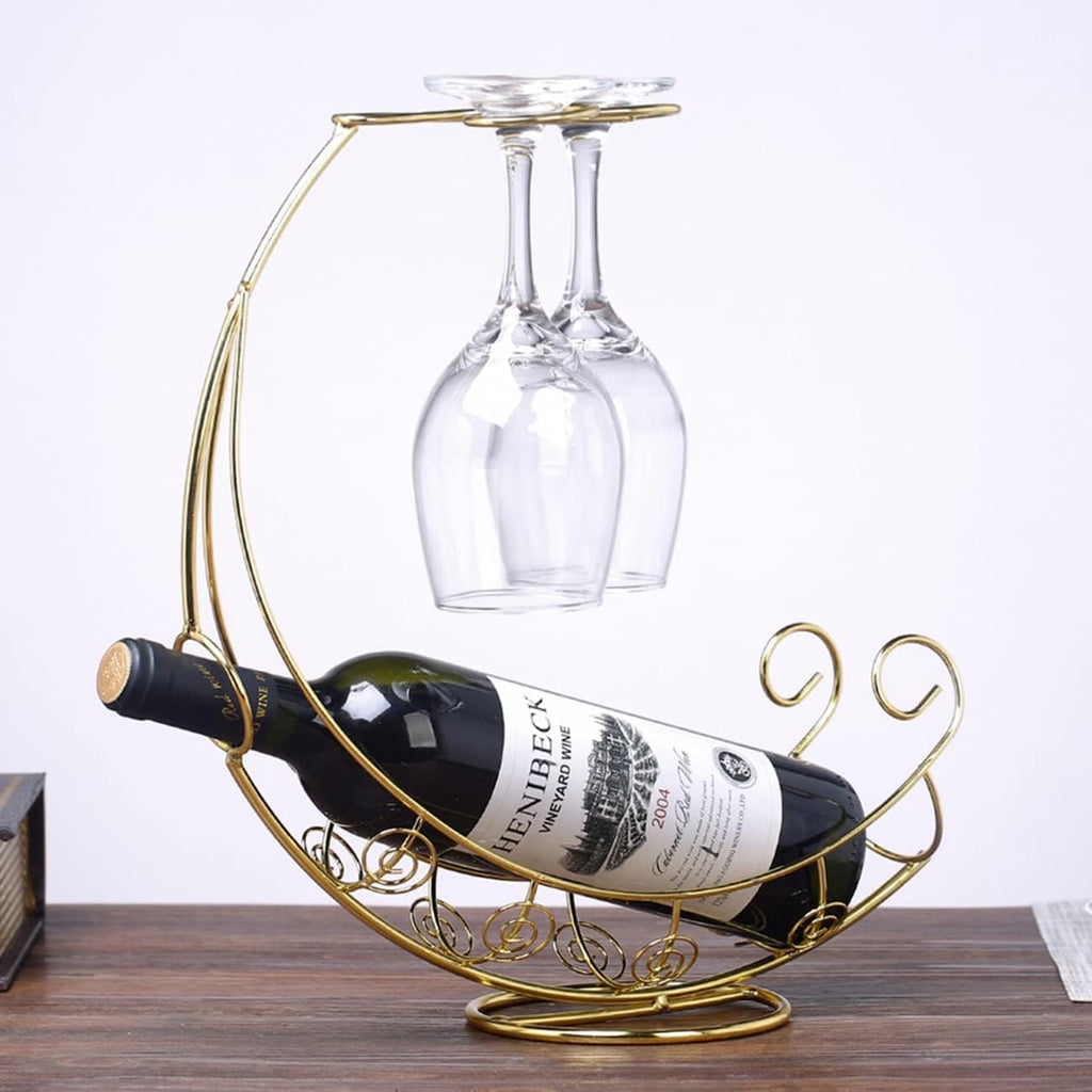 Metal Wine Rack, Tabletop Wine Glass Holder, 1 Bottle+2 Cups Glod | Wine holder countertop，wine bottle decorative,wine bottle and glass holder，wine bottle holder counter，wine drying racktop