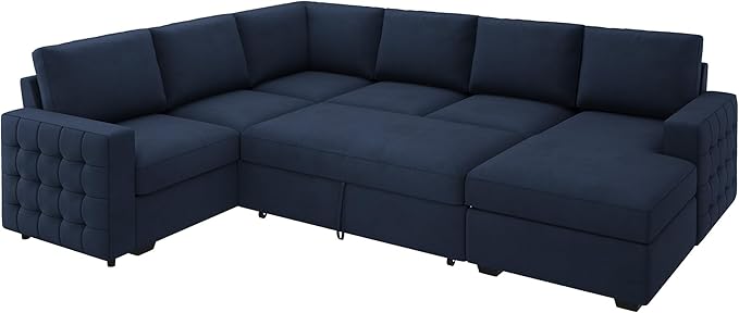 HONBAY Sleeper Sectional Couch with Pull-Out Bed Sectional Sleeper Sofa Pull Out Bed with Storage Chaise, 6 Seaters Couch for Living Room, Velvet Blue