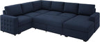 HONBAY Sleeper Sectional Couch with Pull-Out Bed Sectional Sleeper Sofa Pull Out Bed with Storage Chaise, 6 Seaters Couch for Living Room, Velvet Blue