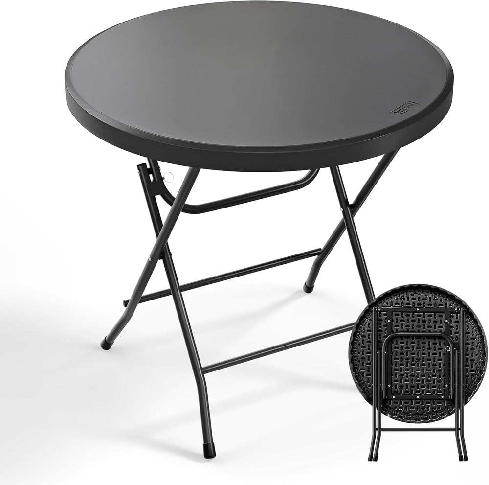 Bonnlo Round Folding Table 32 inch, HDPE Plastic Small Tabletop with Steel Fr...