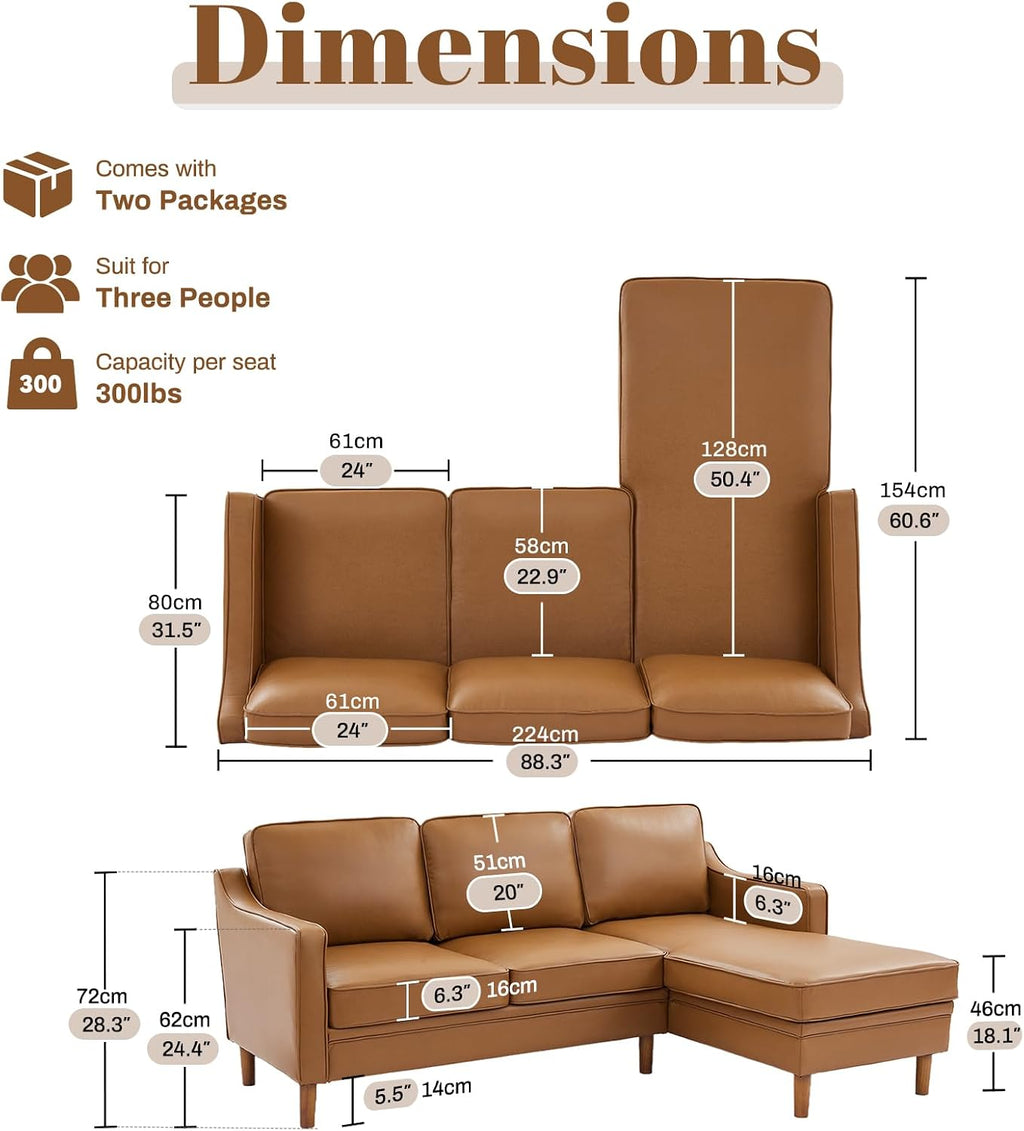 88" L-Shape Sofa, Faux Leather Sectional Couch, Mid Century Modern Couches with Solid Wood Frame for Living Room Bedroom